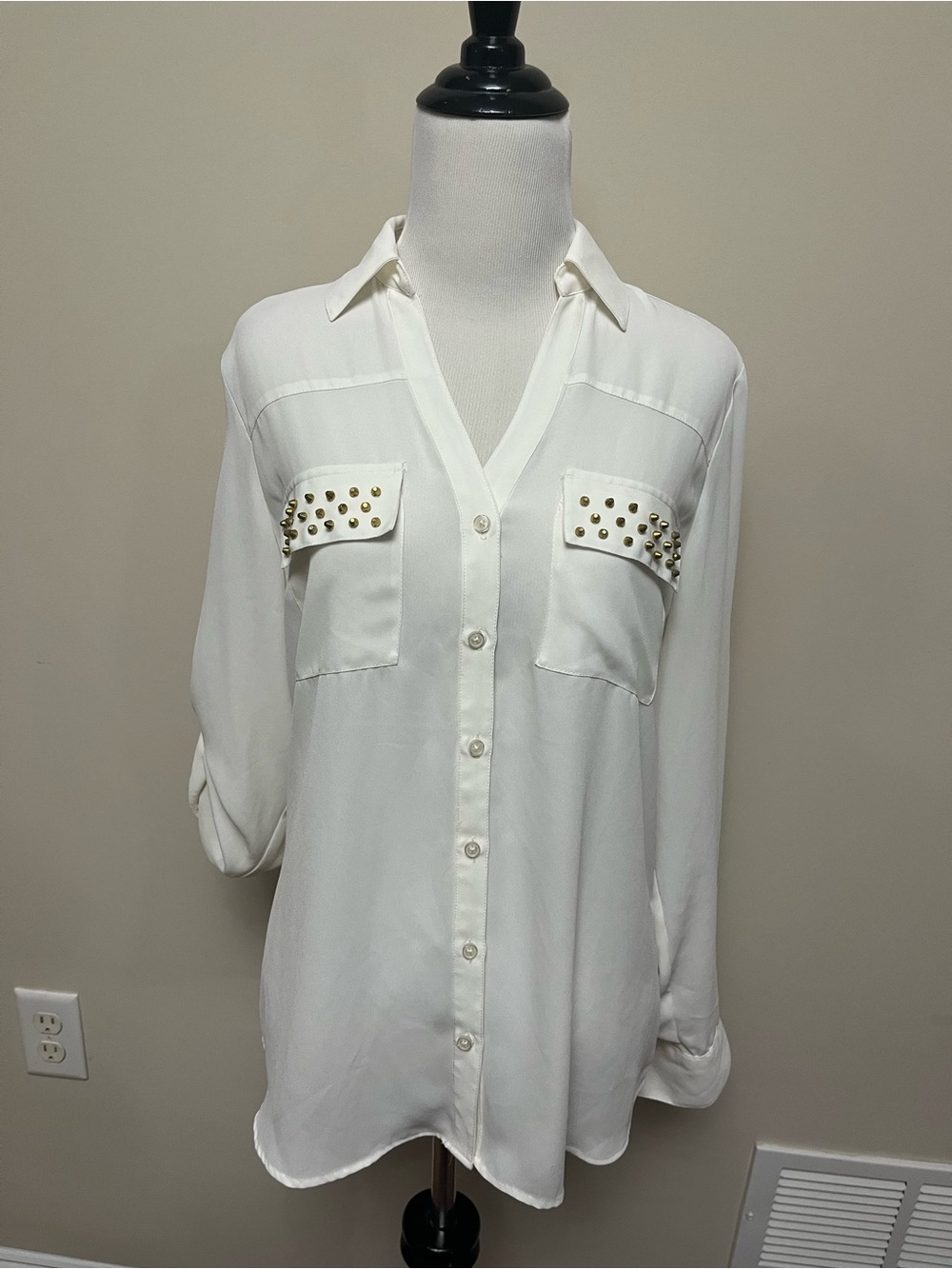 Express White Button-Down Blouse with Gold Stud Pockets